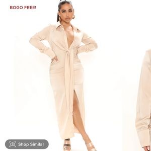Fashion Nova Satin Midi Shirt Dress- Champagne